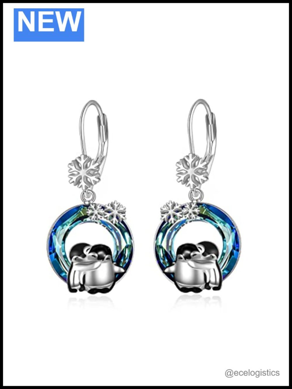 Penguin Drop Dangle Earrings 925 Sterling Silver Leverback Crystal